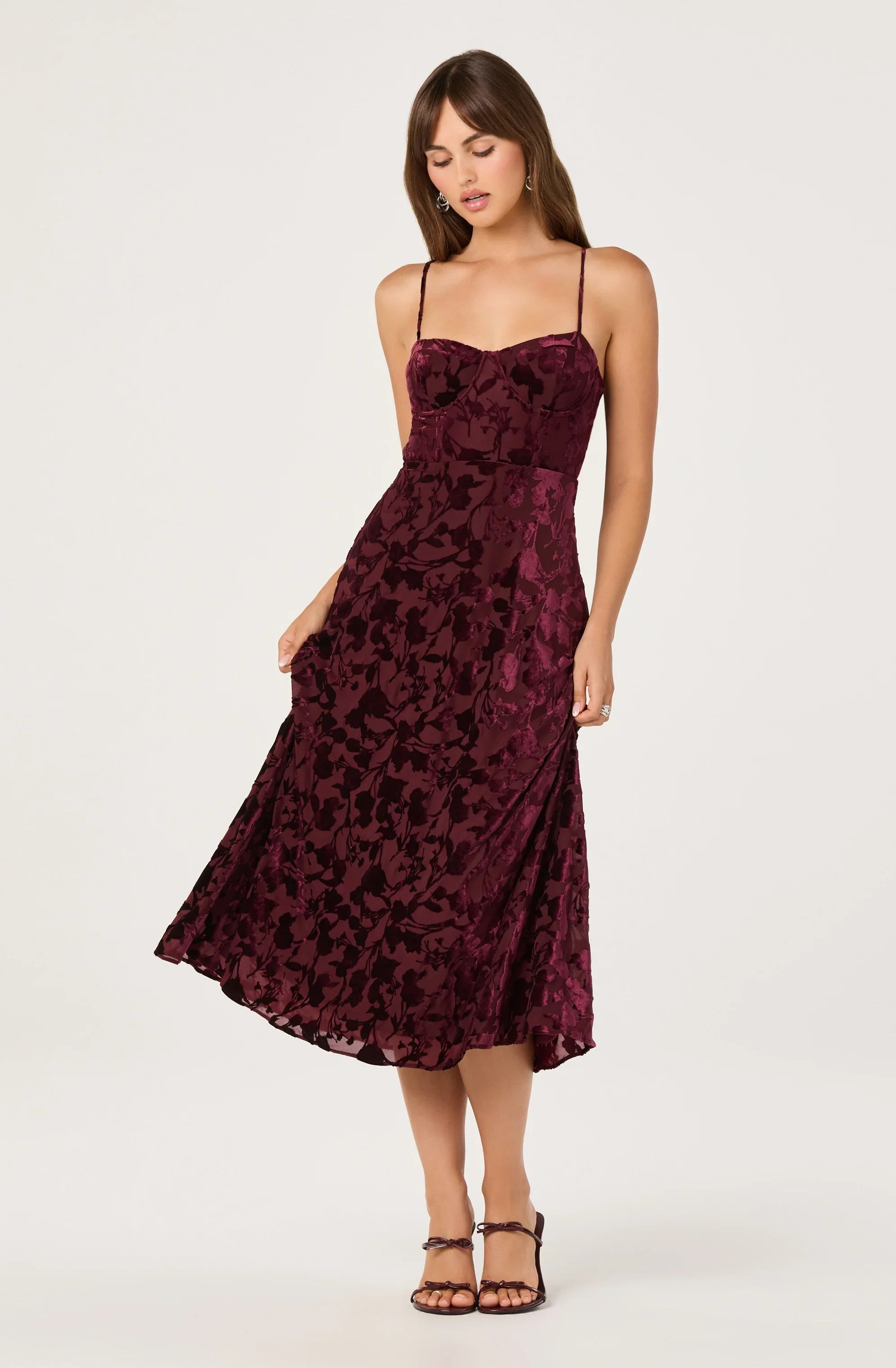 Lbruh Velvet Floral Burnout Bustier Midi Dress