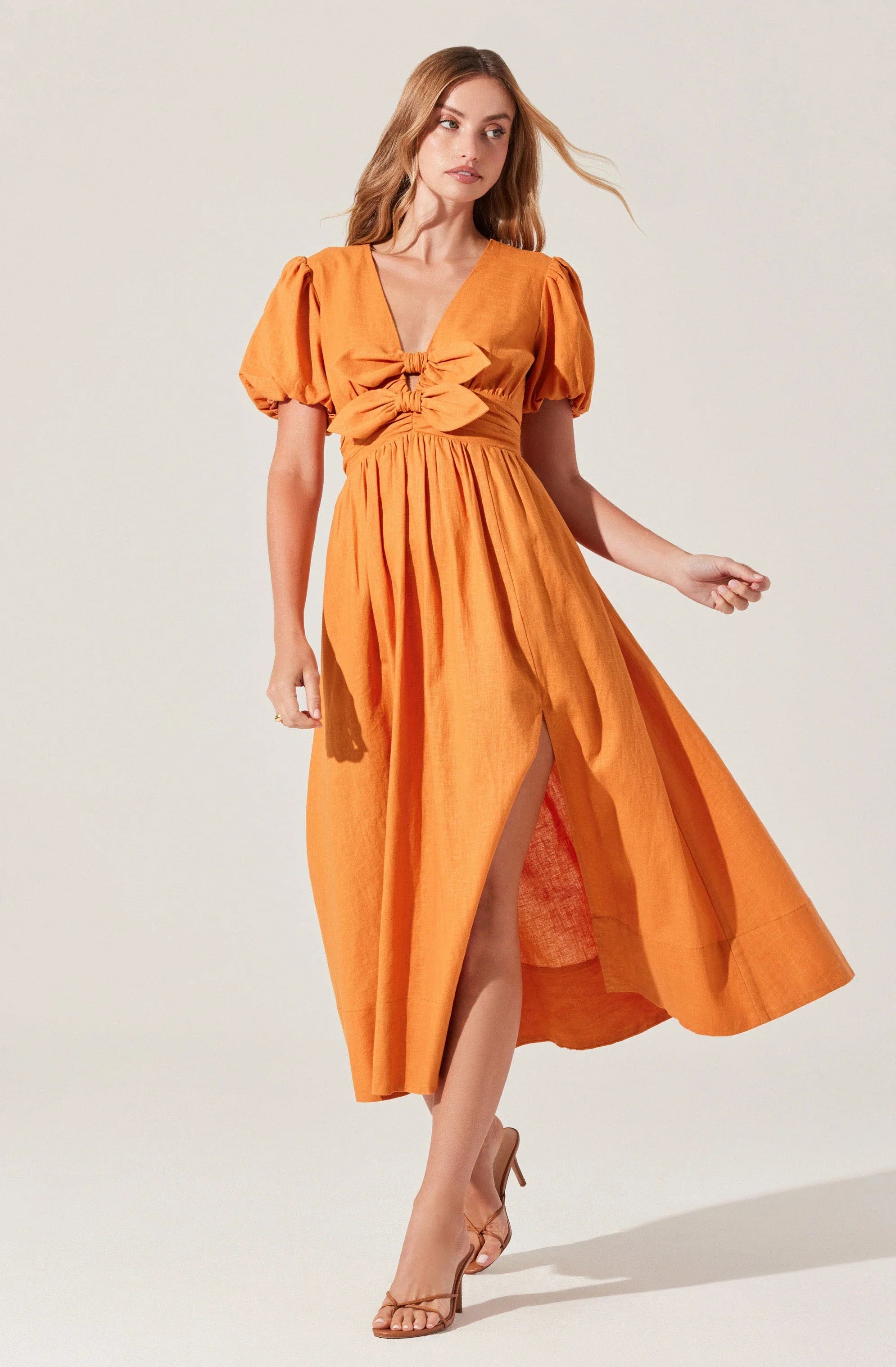 Lbruh Citrine Linen Bow Front Midi Dress