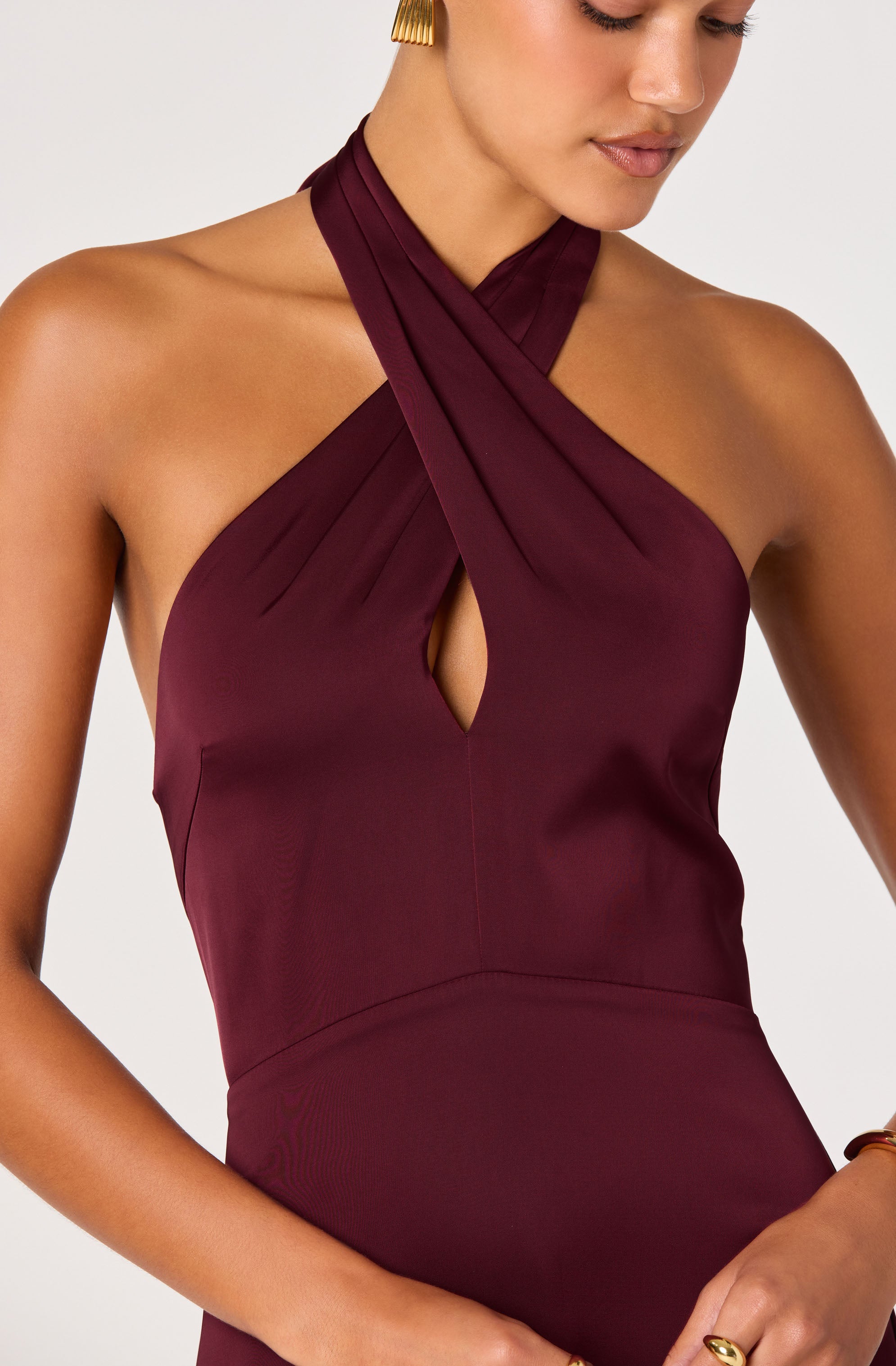 Lbruh Satin Crossover Halter Midi Dress