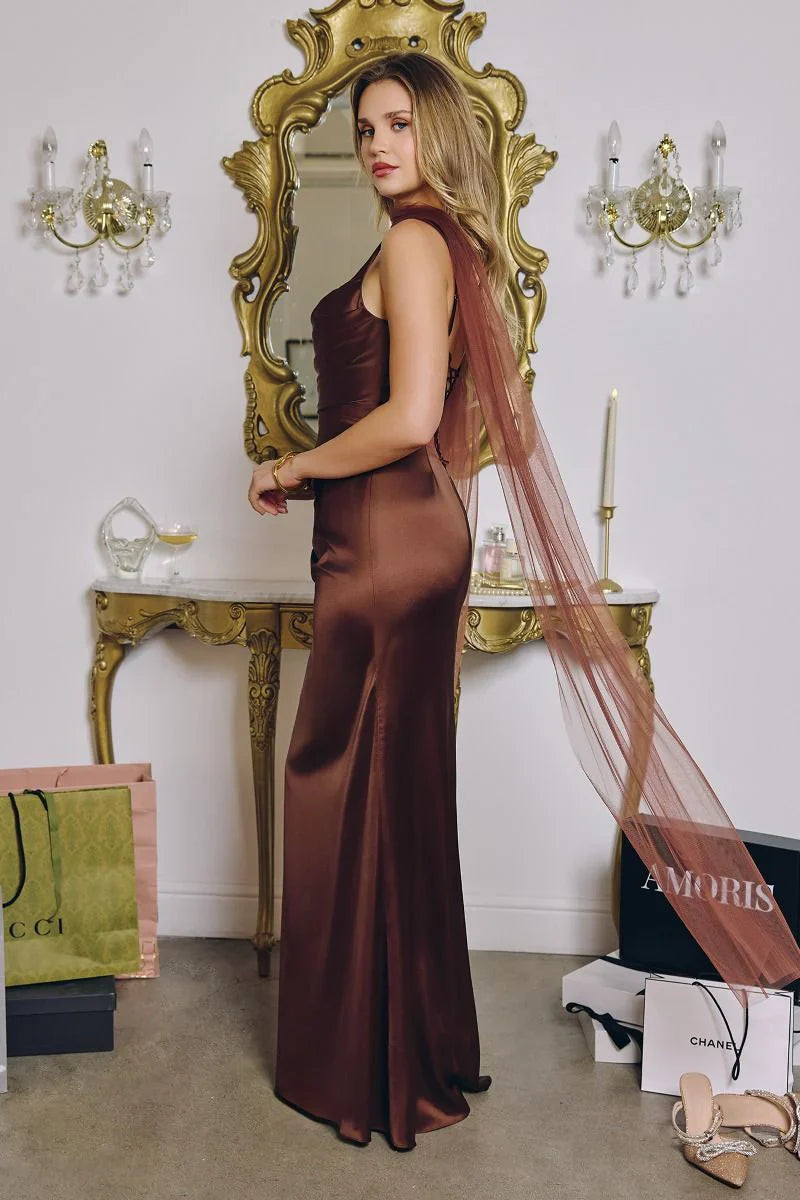 Toby Maxi - Satin Dress with Lace Up Back & Scarf