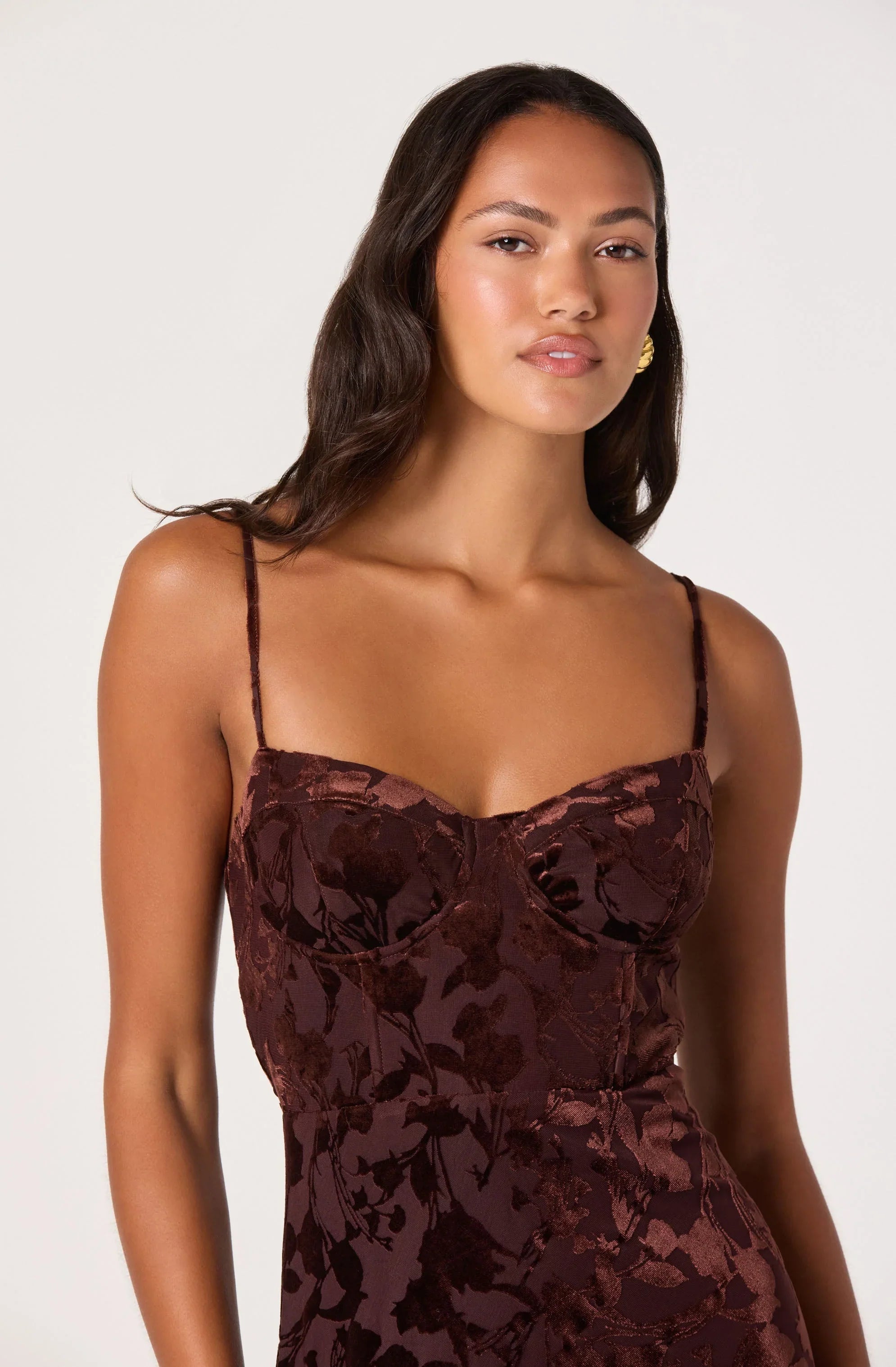 Lbruh Velvet Floral Burnout Bustier Midi Dress