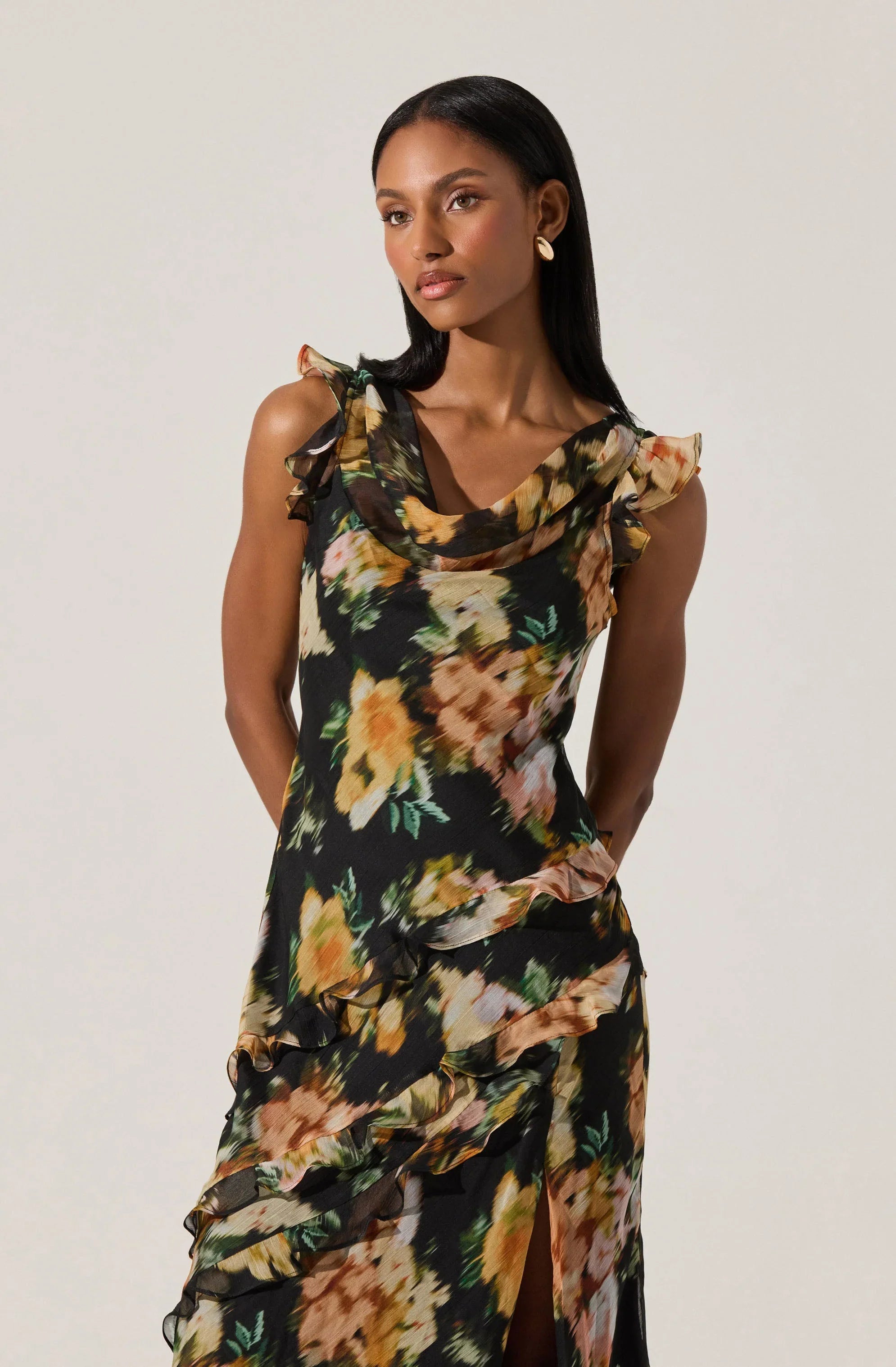 Lbruh Alinta Floral Ruffle Cowl Neck Midi Dress