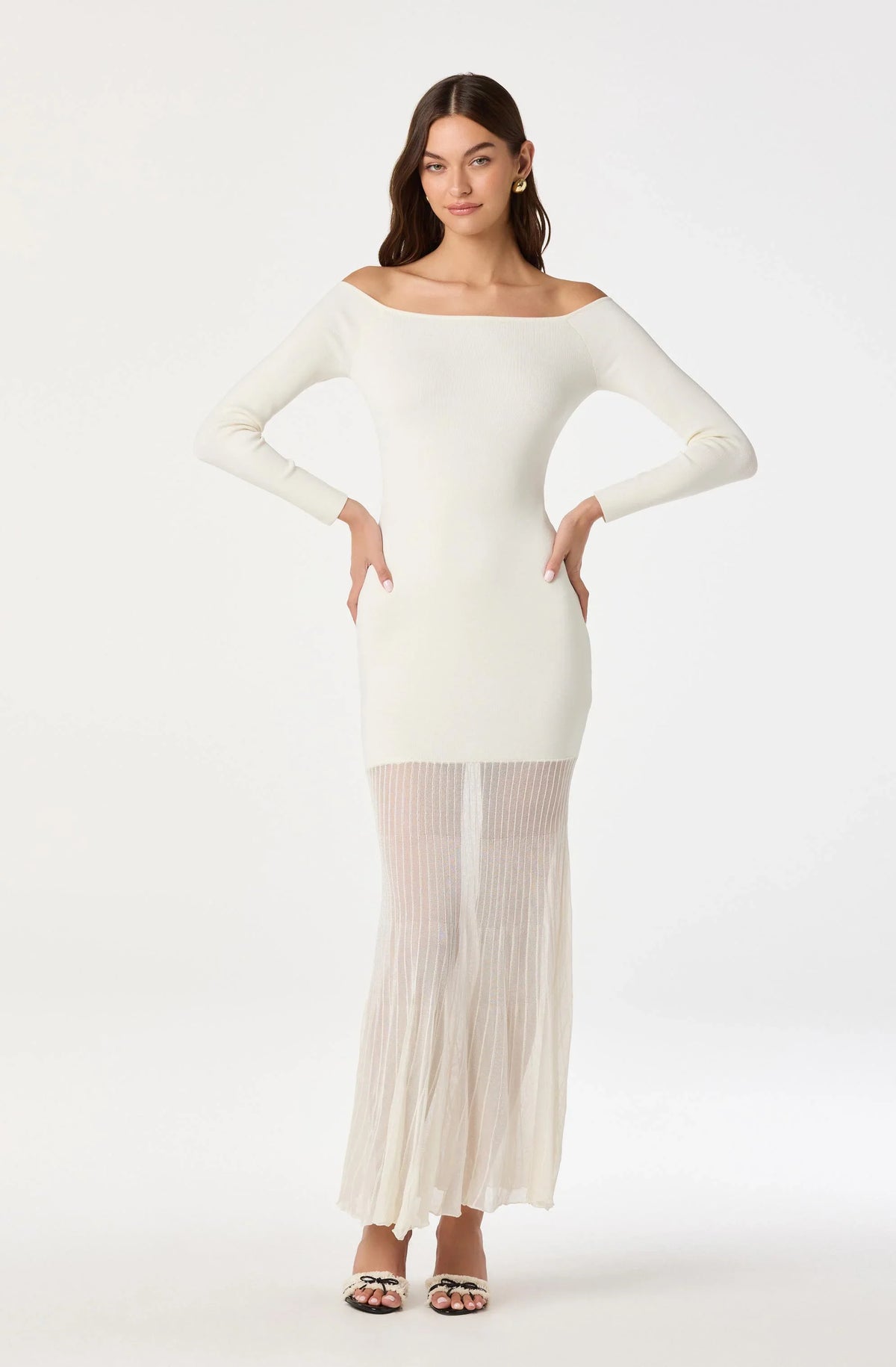 Lbruh Off Shoulder Mesh Panel Hem Maxi Dress