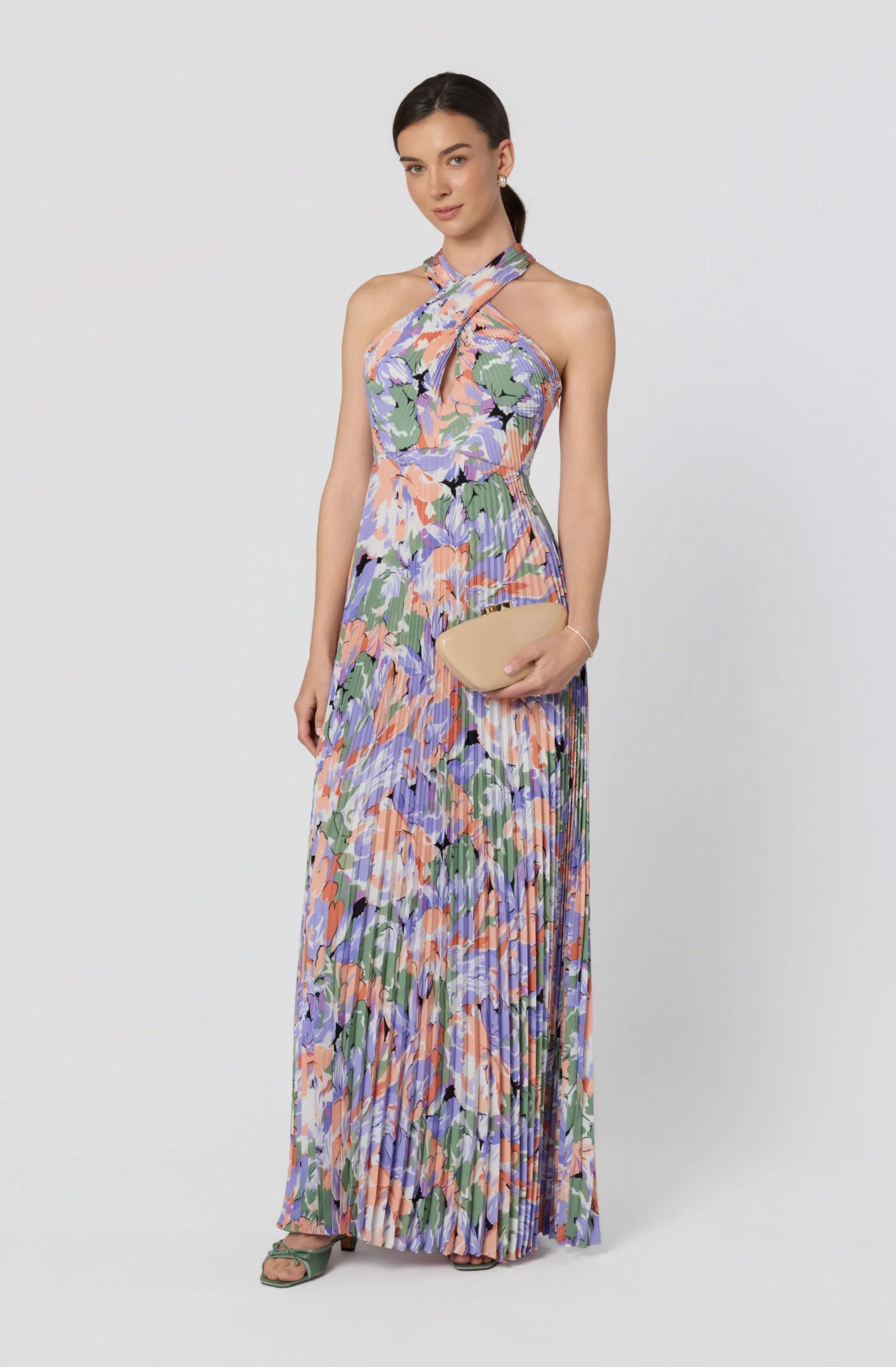 Inixyf Samantha Floral Halter Pleated Gown