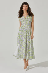 Lbruh V-Neck Pleated Floral Midi Dress