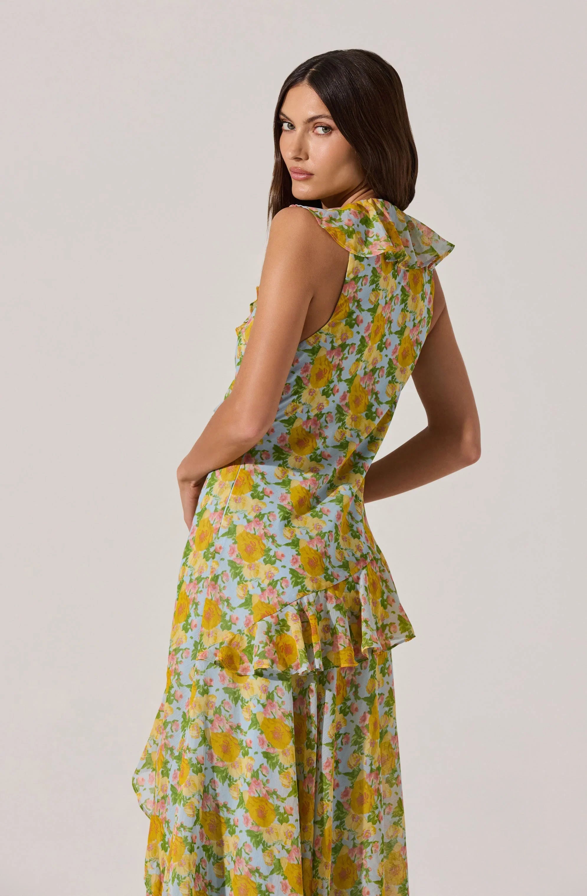 Lbruh V-neck Floral Ruffle Midi Dress