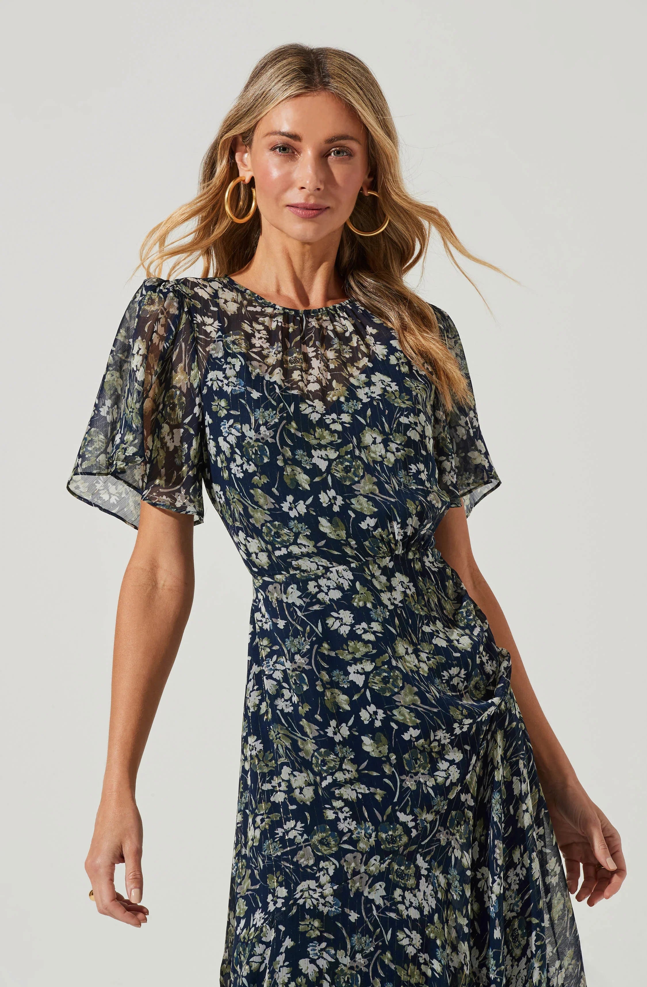 Inixyf Flutter Sleeve Floral Asymmetric Maxi Dress