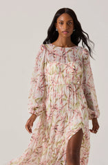 Lbruh Pleated Chiffon Floral Midi Dress
