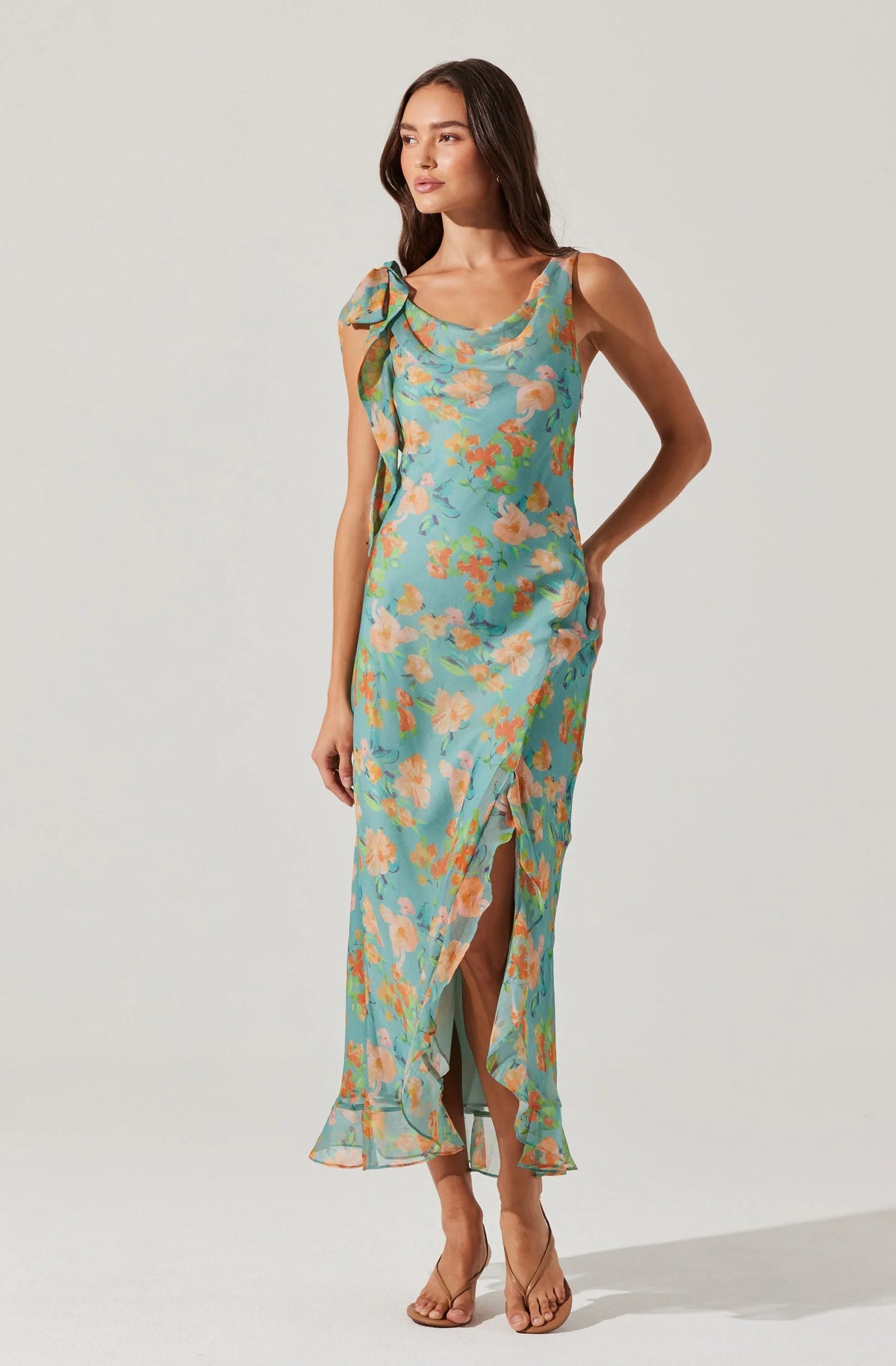 Lbruh Isabelle Ruffled Cowl Neck Floral Midi Dress