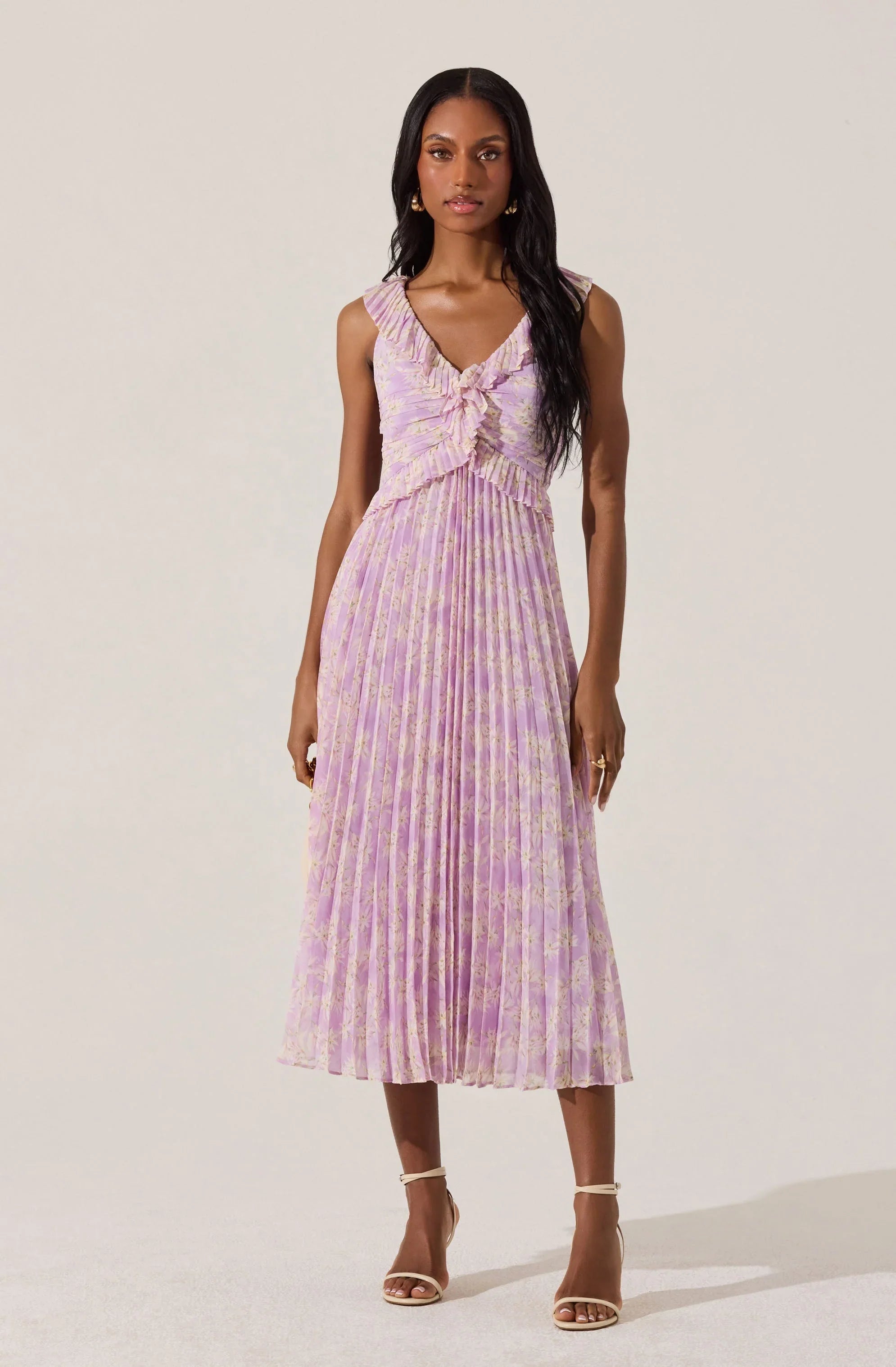 Lbruh Floral Ruffle Pleated Midi Dress